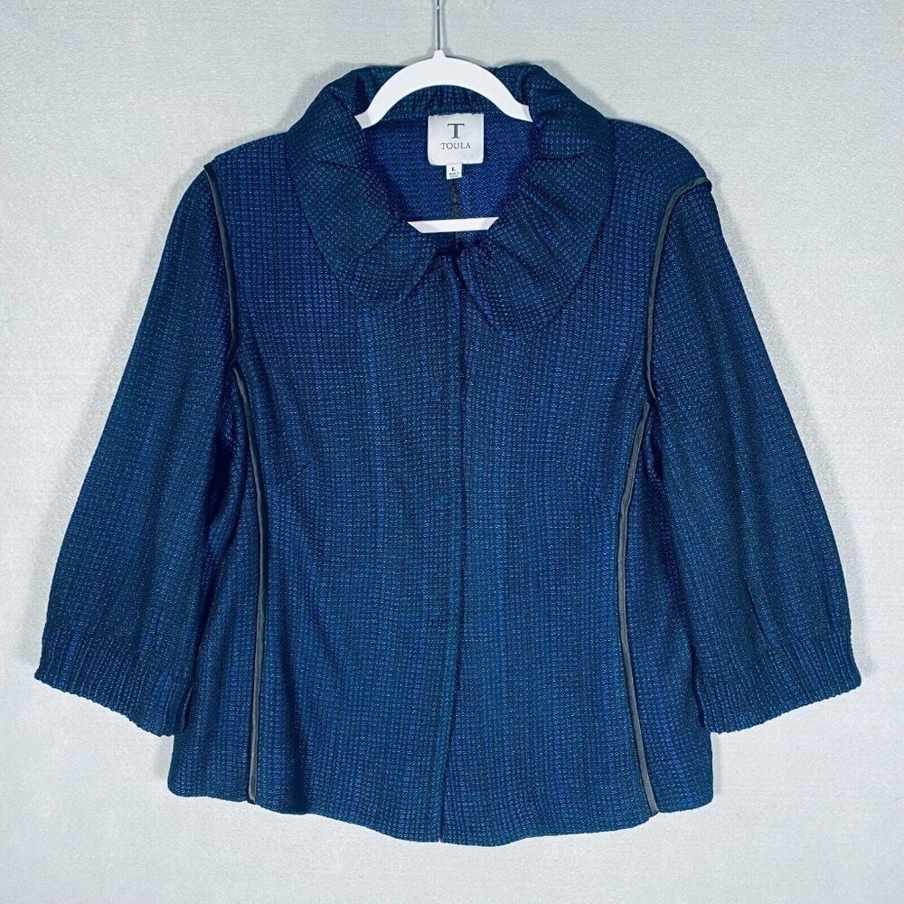 Toula Jacket Womens L Blue 3/4 Sleeve Ruffle Collar Blazer